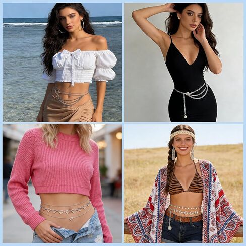 10 PCS Waist Belly Chain Belt for Women, Adjustable Waist Chain Summer Beach Waist Sexy Body Chains Jewelry Accessories for Jeans Dress, Multilayer Long Body Decorations for Body Girls, Silver in Saudi Arabia