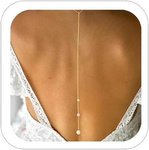 Pearl Back Chain for Backlesss Dress Layered Backdrop Gold Dainty Chain Women Bridal Wedding Back Necklace Summer Beach Body Jewelry (Gold) in Saudi Arabia