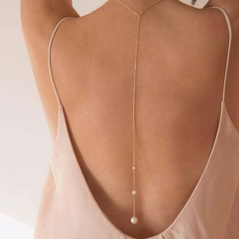 Pearl Back Chain for Backlesss Dress Layered Backdrop Gold Dainty Chain Women Bridal Wedding Back Necklace Summer Beach Body Jewelry (Gold) in Saudi Arabia