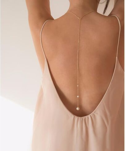 Pearl Back Chain for Backlesss Dress Layered Backdrop Gold Dainty Chain Women Bridal Wedding Back Necklace Summer Beach Body Jewelry (Gold) in Saudi Arabia