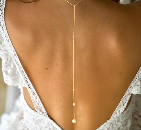 Pearl Back Chain for Backlesss Dress Layered Backdrop Gold Dainty Chain Women Bridal Wedding Back Necklace Summer Beach Body Jewelry (Gold) in Saudi Arabia