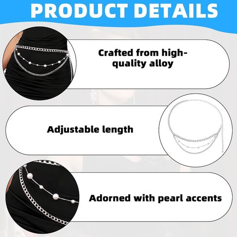 1 Pcs Silver Chain Belt Pearl Waist Chain Belt Adjustable Multi-Layer AdjustableDainty Trendy Jewelry Accessory for Women Casual Party Evening Daily Wear in Kuwait