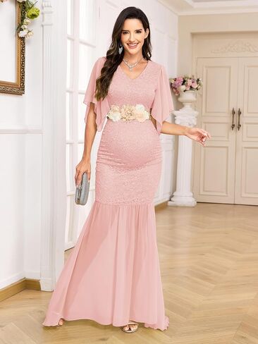 AISWI Maternity Lace Mermaid Dress V Neck Handkerchief Sleeve Chiffon Maxi Gown for Wedding Guest Photoshoot Baby Shower, Pink, S in Saudi Arabia