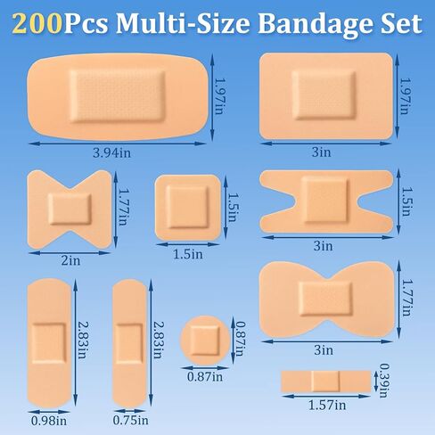 200 Pcs Assorted PE Adhesive Bandages Bulk 10 Styles Multi-Size Waterproof Breathable Bandages with Fingertip Large Strips for First Aid Wound Protection in Saudi Arabia