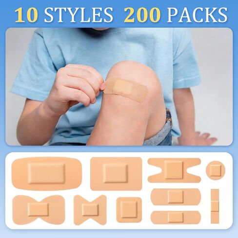 200 Pcs Assorted PE Adhesive Bandages Bulk 10 Styles Multi-Size Waterproof Breathable Bandages with Fingertip Large Strips for First Aid Wound Protection in Saudi Arabia