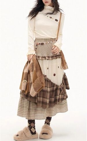 Y2K Retro Sweet Style Irregular Patchwork Skirt with high Waist and Slimming A-line Long Skirt in Saudi Arabia