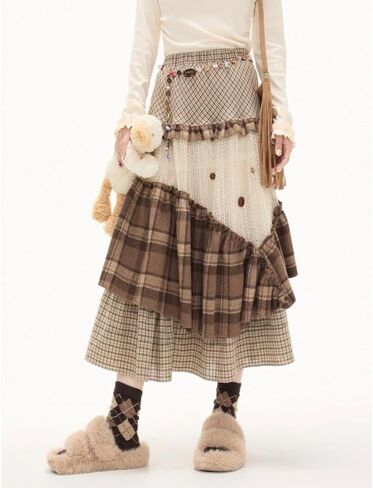 Y2K Retro Sweet Style Irregular Patchwork Skirt with high Waist and Slimming A-line Long Skirt in Saudi Arabia