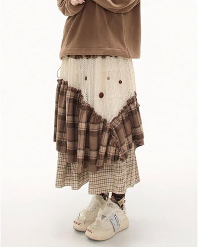 Y2K Retro Sweet Style Irregular Patchwork Skirt with high Waist and Slimming A-line Long Skirt in Saudi Arabia