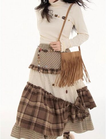 Y2K Retro Sweet Style Irregular Patchwork Skirt with high Waist and Slimming A-line Long Skirt in Saudi Arabia