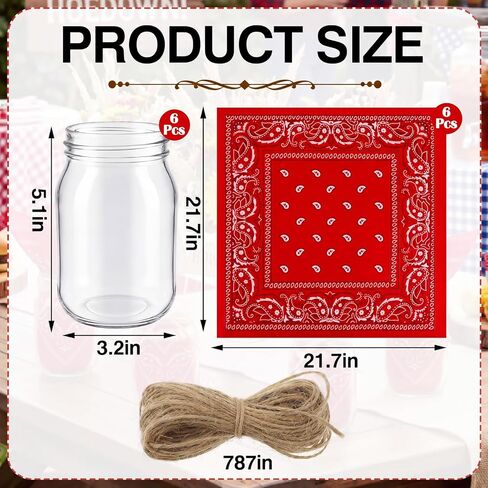 6 Sets Western Cowboy Centerpieces Set with Mason Jars and Paisley Bandanas - Country Table Decor for Western Wedding, Baby Shower, Rodeo Party and Cowgirl Themed Events in Kuwait