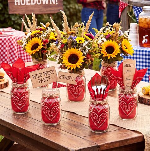 6 Sets Western Cowboy Centerpieces Set with Mason Jars and Paisley Bandanas - Country Table Decor for Western Wedding, Baby Shower, Rodeo Party and Cowgirl Themed Events in Kuwait