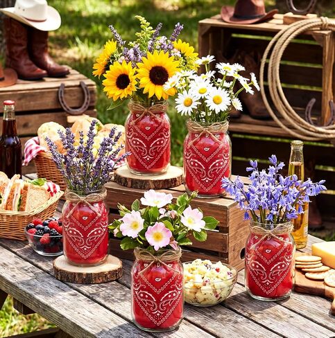 6 Sets Western Cowboy Centerpieces Set with Mason Jars and Paisley Bandanas - Country Table Decor for Western Wedding, Baby Shower, Rodeo Party and Cowgirl Themed Events in Kuwait
