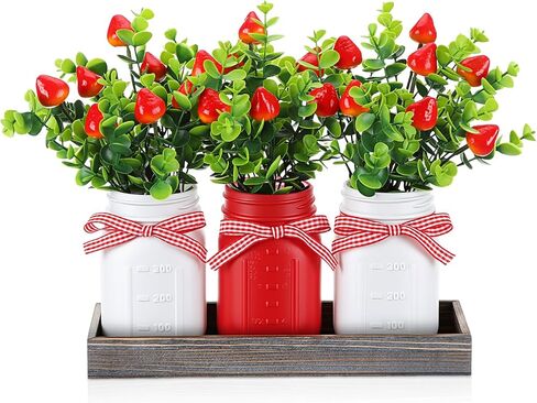 3 Pack Strawberry Mason Jars Table Centerpiece Decor with Wood Tray, 3 Painted Jars, Artificial Strawberry Vase Summer Farmhouse Dining Coffee Table Centerpiece for Kitchen Living Room Decor in Saudi Arabia