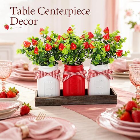 3 Pack Strawberry Mason Jars Table Centerpiece Decor with Wood Tray, 3 Painted Jars, Artificial Strawberry Vase Summer Farmhouse Dining Coffee Table Centerpiece for Kitchen Living Room Decor in Saudi Arabia