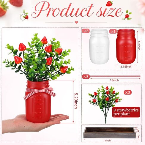 3 Pack Strawberry Mason Jars Table Centerpiece Decor with Wood Tray, 3 Painted Jars, Artificial Strawberry Vase Summer Farmhouse Dining Coffee Table Centerpiece for Kitchen Living Room Decor in Saudi Arabia