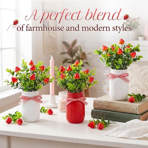 3 Pack Strawberry Mason Jars Table Centerpiece Decor with Wood Tray, 3 Painted Jars, Artificial Strawberry Vase Summer Farmhouse Dining Coffee Table Centerpiece for Kitchen Living Room Decor in Saudi Arabia