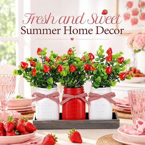 3 Pack Strawberry Mason Jars Table Centerpiece Decor with Wood Tray, 3 Painted Jars, Artificial Strawberry Vase Summer Farmhouse Dining Coffee Table Centerpiece for Kitchen Living Room Decor in Saudi Arabia