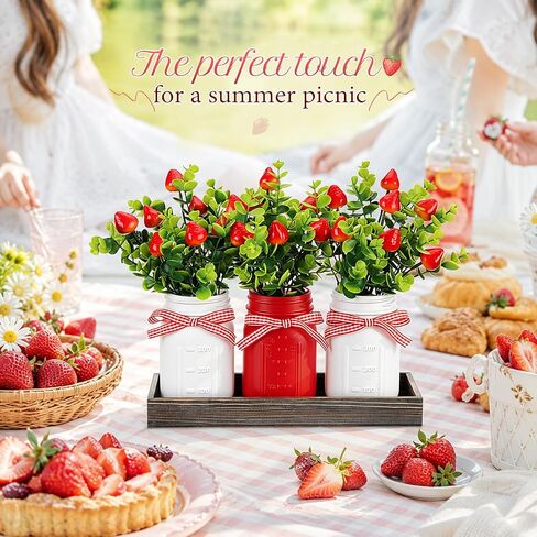 3 Pack Strawberry Mason Jars Table Centerpiece Decor with Wood Tray, 3 Painted Jars, Artificial Strawberry Vase Summer Farmhouse Dining Coffee Table Centerpiece for Kitchen Living Room Decor in Saudi Arabia