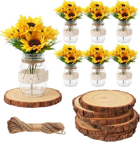 Honeydak 6 Sets Wedding Sunflower Mason Jar Table Centerpieces, 6 Pack Wooden Slices, Mason Jar, Wood Slice and Lace Burlap Jars, for Honey Bee Theme Bridal Shower, Baby Shower, Farmhouse Party Decor in Kuwait