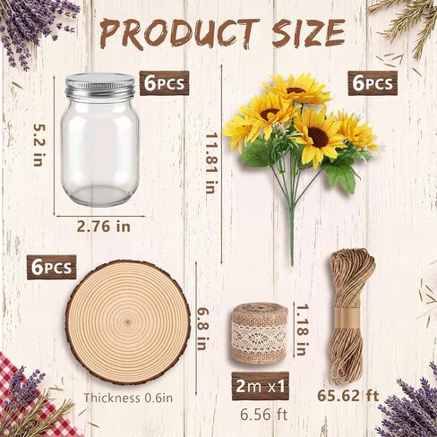 Honeydak 6 Sets Wedding Sunflower Mason Jar Table Centerpieces, 6 Pack Wooden Slices, Mason Jar, Wood Slice and Lace Burlap Jars, for Honey Bee Theme Bridal Shower, Baby Shower, Farmhouse Party Decor in Kuwait