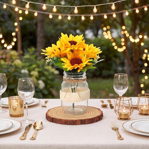 Honeydak 6 Sets Wedding Sunflower Mason Jar Table Centerpieces, 6 Pack Wooden Slices, Mason Jar, Wood Slice and Lace Burlap Jars, for Honey Bee Theme Bridal Shower, Baby Shower, Farmhouse Party Decor in Kuwait