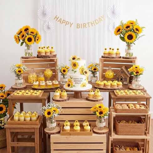 Honeydak 6 Sets Wedding Sunflower Mason Jar Table Centerpieces, 6 Pack Wooden Slices, Mason Jar, Wood Slice and Lace Burlap Jars, for Honey Bee Theme Bridal Shower, Baby Shower, Farmhouse Party Decor in Kuwait
