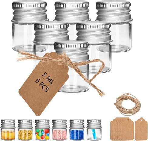 6Pcs 5ML 0.84"X1.23" Small Glass Mini Jars with Metal Lids Message Bottle Terrarium Jar Tiny Wishing Bottles miniature Sand Art Bottles Sample for DIY Crafts (6, 5ML) in Saudi Arabia