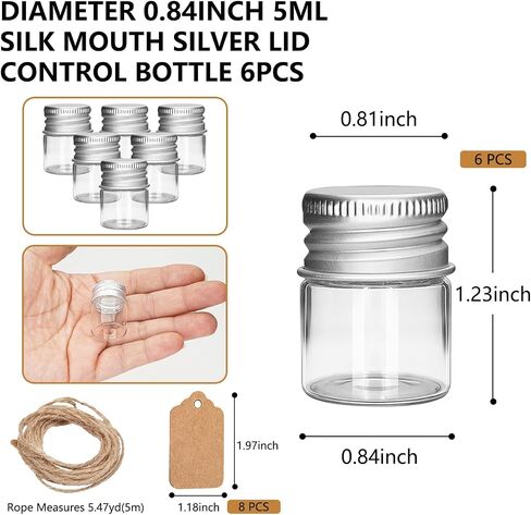 6Pcs 5ML 0.84"X1.23" Small Glass Mini Jars with Metal Lids Message Bottle Terrarium Jar Tiny Wishing Bottles miniature Sand Art Bottles Sample for DIY Crafts (6, 5ML) in Saudi Arabia