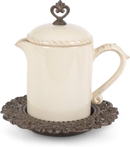 Cream Stoneware Lidded Sauce Jar with Metal Acanthus Leaf Drip Base. (95170) in Saudi Arabia