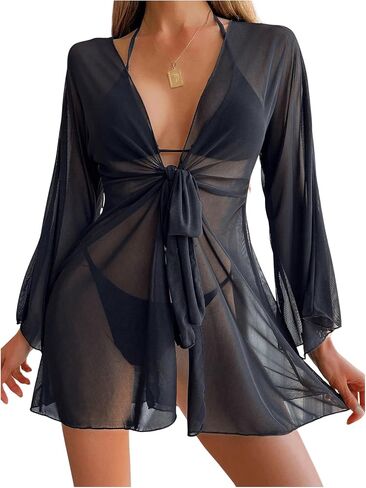 OYOANGLE Women's See Through Sheer Mesh Kimono Tie Front Long Sleeve Swimsuit Coverup Tops in Kuwait