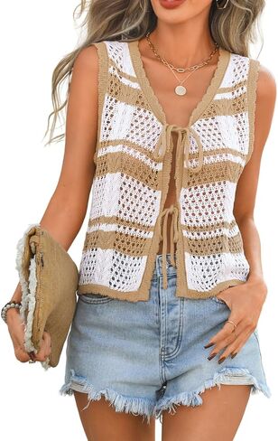 Kaei&Shi Crochet Top for Beach Vacation, Sleeveless Tie Front Striped Vest Women, Cute Summer Festival Going Out Outfits in Kuwait