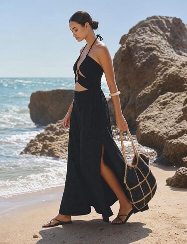 MAKABO Hollow Out Halter Maxi Dress for Women Beach Swimwear Backless Sexy Dresses Resort Casual Outfits in Saudi Arabia