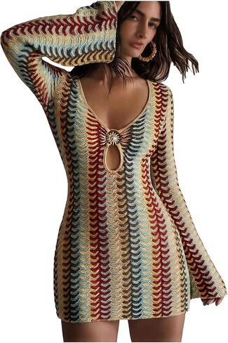 GORGLITTER Women's Crochet Vacation Summer Mini Dress Long Sleeve Boho Beach Bikini Swimsuit Beach Cover Ups Sundresses in Kuwait