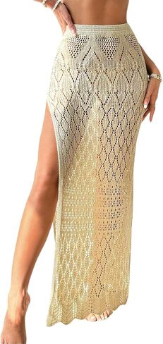 Women's Crochet Swimsuit Cover Up High Slit Boho Sheer Maxi Long Beach Sheer Skirt Cover Up in Saudi Arabia