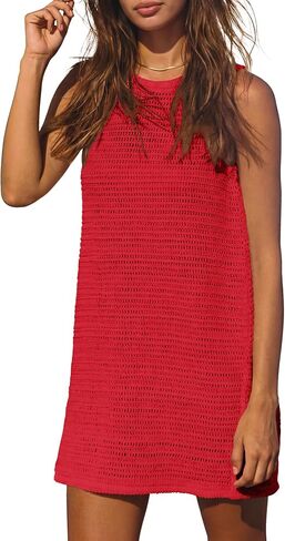 Gacaky Women's Summer Mini Dress Swimsuit Crochet Swim Cover Up Bathing Suit Swimwear Mesh Knit Beach Mini Dress in Kuwait