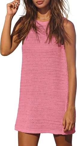Gacaky Women's Summer Mini Dress Swimsuit Crochet Swim Cover Up Bathing Suit Swimwear Mesh Knit Beach Mini Dress in Kuwait