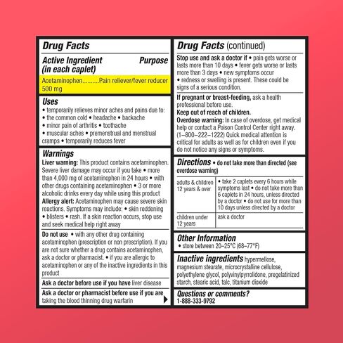 Compare to Extra Strength Tylenol | Acetaminophen 500mg Extra Strength Pain Reliever & Fever Reducer | Headache, Muscle Aches, Back Pain, Cold & Flu Relief, 500 Count in Saudi Arabia