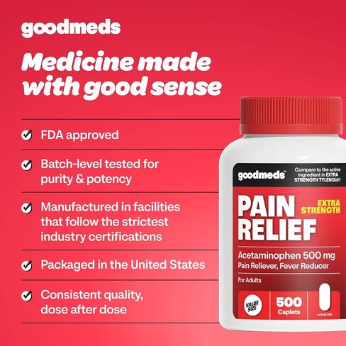 Compare to Extra Strength Tylenol | Acetaminophen 500mg Extra Strength Pain Reliever & Fever Reducer | Headache, Muscle Aches, Back Pain, Cold & Flu Relief, 500 Count in Saudi Arabia