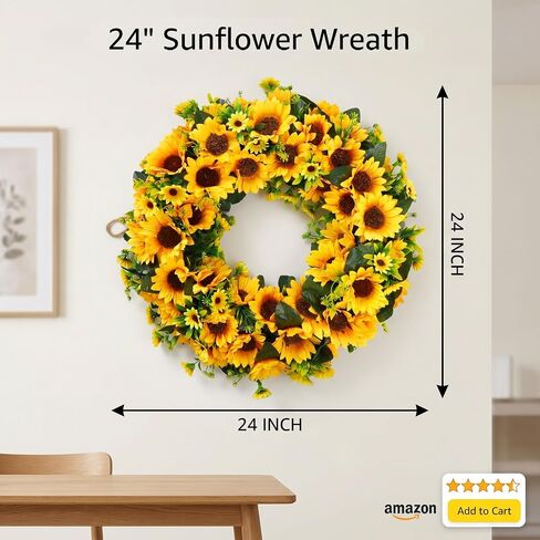Sunflower Wreath for Front Door, 24" Aritificial Summer Floral Wreath, Rustic Farmhouse Home Decor for Wall, Porch, Wedding in Kuwait