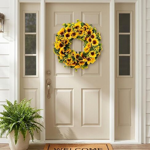 Sunflower Wreath for Front Door, 24" Aritificial Summer Floral Wreath, Rustic Farmhouse Home Decor for Wall, Porch, Wedding in Kuwait