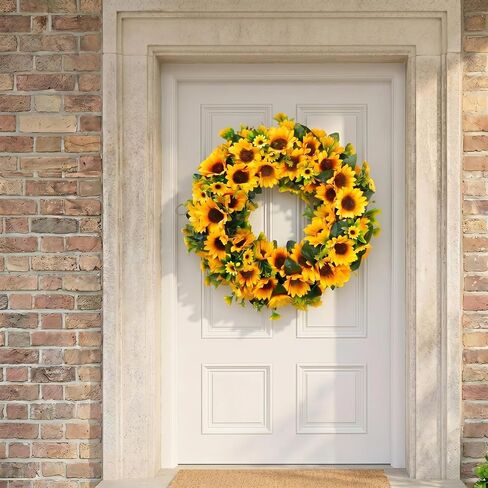 Sunflower Wreath for Front Door, 24" Aritificial Summer Floral Wreath, Rustic Farmhouse Home Decor for Wall, Porch, Wedding in Kuwait