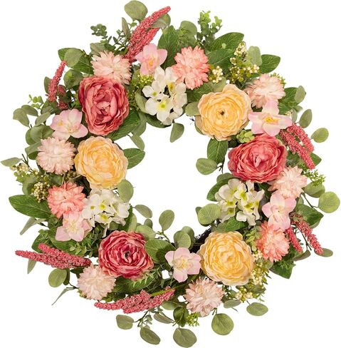 22 Inch Spring Summer Wreath for Front Door, Realistic Silk Peony & Hydrangea Wreath with Yellow Pink Flowers Grain Stems, Artificial Floral Wreath for Indoor Outdoor Porch Wall Farmhouse Decor in Saudi Arabia
