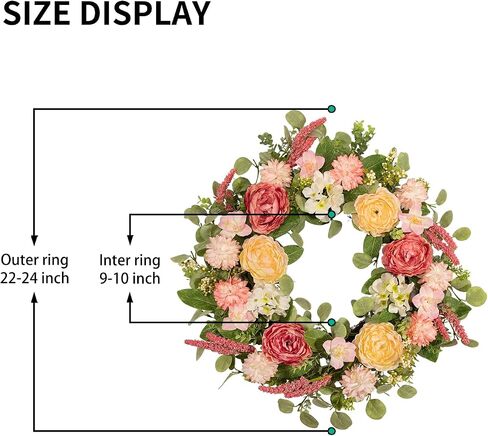 22 Inch Spring Summer Wreath for Front Door, Realistic Silk Peony & Hydrangea Wreath with Yellow Pink Flowers Grain Stems, Artificial Floral Wreath for Indoor Outdoor Porch Wall Farmhouse Decor in Saudi Arabia
