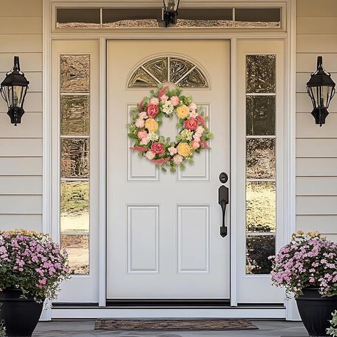 22 Inch Spring Summer Wreath for Front Door, Realistic Silk Peony & Hydrangea Wreath with Yellow Pink Flowers Grain Stems, Artificial Floral Wreath for Indoor Outdoor Porch Wall Farmhouse Decor in Saudi Arabia