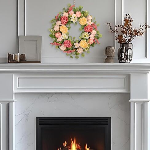 22 Inch Spring Summer Wreath for Front Door, Realistic Silk Peony & Hydrangea Wreath with Yellow Pink Flowers Grain Stems, Artificial Floral Wreath for Indoor Outdoor Porch Wall Farmhouse Decor in Saudi Arabia