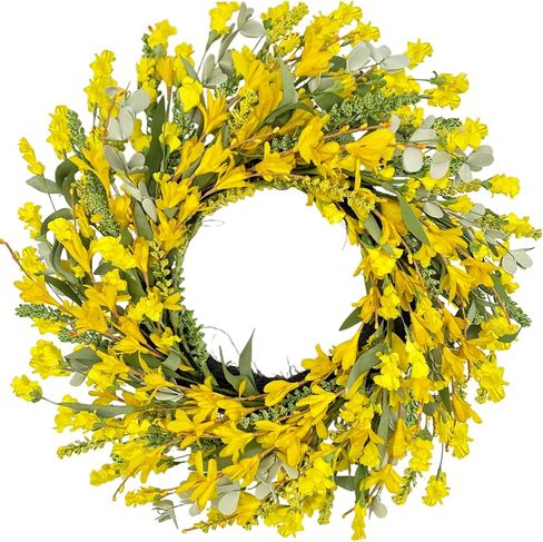 22 Inch Yellow Forsythia Wreaths for Front Door, Spring Summer Floral Wreath, Farmhouse Wreath for Porch, Wall, Window, Indoor Outdoor Home Decor in Kuwait