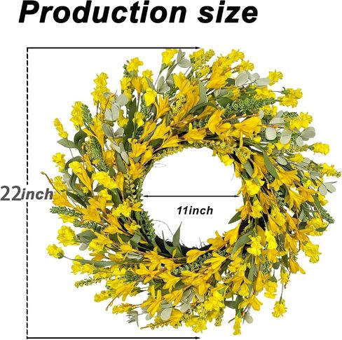 22 Inch Yellow Forsythia Wreaths for Front Door, Spring Summer Floral Wreath, Farmhouse Wreath for Porch, Wall, Window, Indoor Outdoor Home Decor in Kuwait