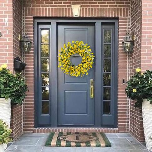 22 Inch Yellow Forsythia Wreaths for Front Door, Spring Summer Floral Wreath, Farmhouse Wreath for Porch, Wall, Window, Indoor Outdoor Home Decor in Kuwait