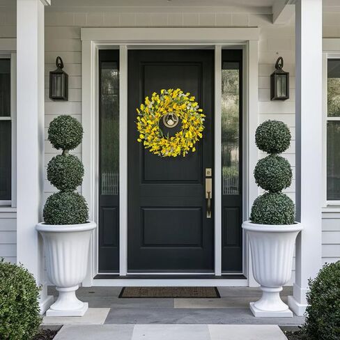 22 Inch Yellow Forsythia Wreaths for Front Door, Spring Summer Floral Wreath, Farmhouse Wreath for Porch, Wall, Window, Indoor Outdoor Home Decor in Kuwait