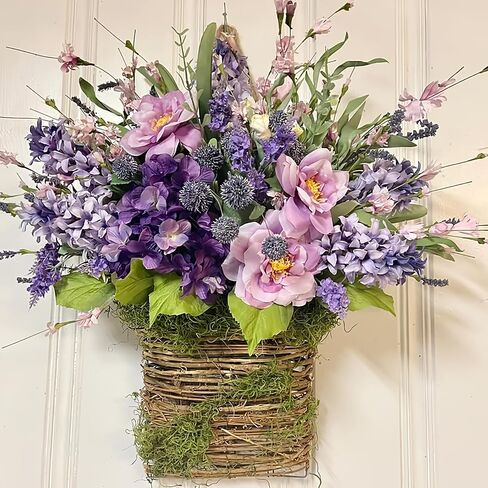 Purple Wildflower Basket Wreath - Lavender and Peony Floral Arrangement in Wicker Hanging Basket, Spring Summer Front Door and Porch Decor in Saudi Arabia